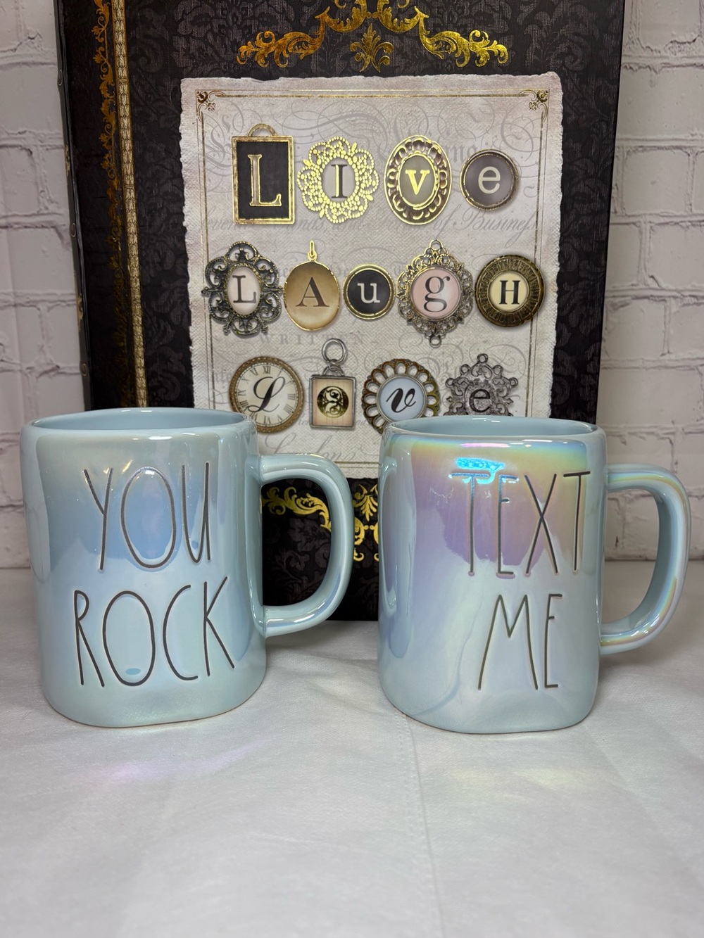 Rae Dunn “You Rock” and “Text Me” Iridescent Light Blue Ceramic Mug Set NIB - Picture 3 of 10